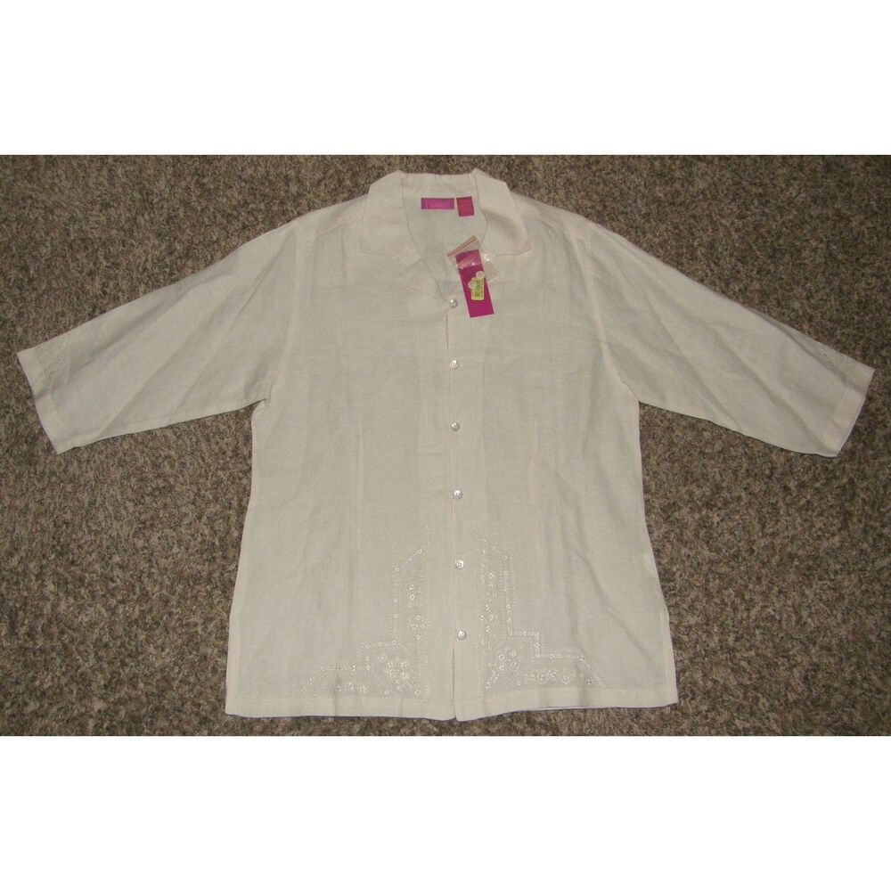 IVY Creamy Khaki Sz Large Embroidered Linen Blend Button Up Tunic Shirt NEW NWT